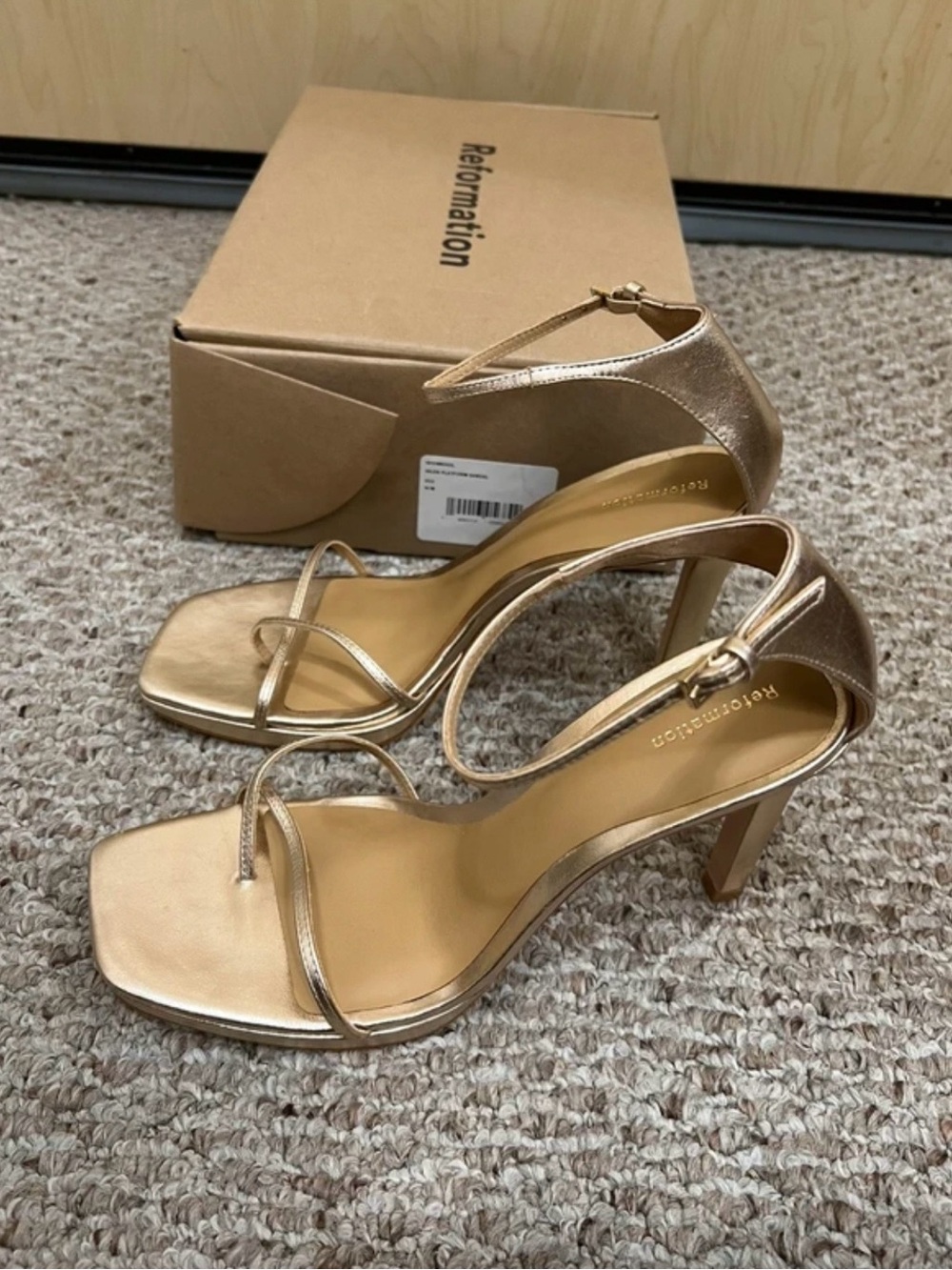 Reformation Metallic Gold Strappy Block Heel Sandals